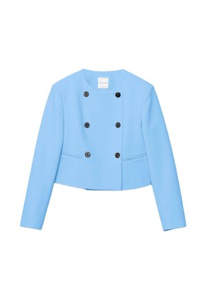 Jasnoniebieska, krótka dwurzędowa marynarka z sześcioma czarnymi guzikami i dwoma przednimi kieszeniami typu welt, długie rękawy, okrągły dekolt.