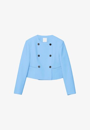 Svetlomodré krátke dvojradové sako so šiestimi čiernymi gombíkmi, dvoma prednými priehmatníkovými vreckami, dlhými rukávmi a okrúhlym výstrihom.