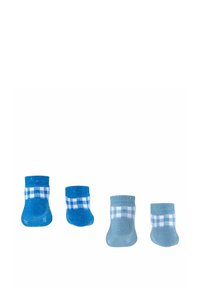 Set mit vier Babysocken in verschiedenen Blautönen und Grau. Strukturiertes Material mit Karomuster und Kontrastbündchen.
