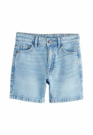 Hellblaue Jeansshorts mit vorderen Knöpfen und Reißverschluss, Gürtelschlaufen und zwei Vordertaschen, dargestellt vor weißem Hintergrund.