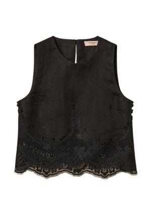 Top corto nero senza maniche con bordo in pizzo floreale all'orlo e zip posteriore, misto lino, etichetta "Twinset" all'interno della scollatura.