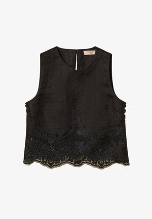 Top corto nero senza maniche con bordo in pizzo floreale all'orlo e zip posteriore, misto lino, etichetta "Twinset" all'interno della scollatura.