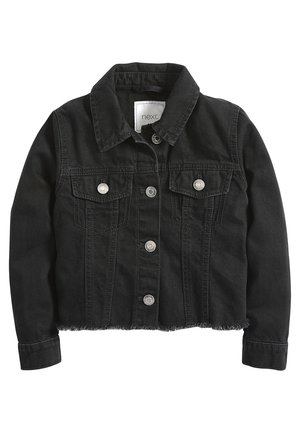 Veste en denim noire avec fermeture à boutons, deux poches poitrine à rabat, manches longues, col et ourlet effiloché.