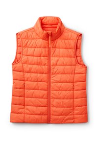 Gilet imbottito arancione con colletto alto, zip frontale e texture trapuntata. Presenta un design senza maniche e dettagli di cuciture orizzontali.