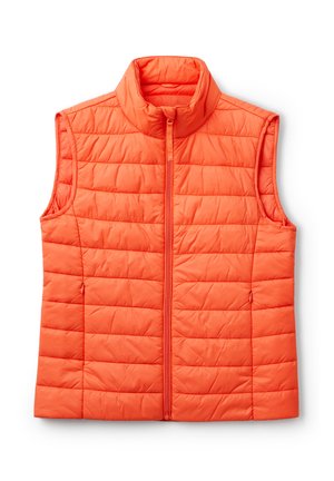Orangene gepolsterte Weste mit hohem Kragen, Frontreißverschluss und gesteppter Textur. Sie hat ein ärmelloses Design und horizontale Nähte.
