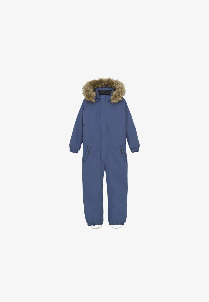 Blå isolerad heloverall med huva fodrad med fuskpäls, dragkedjefickor, elastiska ärmslut och elastiska ankelslipsar.