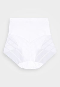 Weiße hochtaillierte Shapewear mit glatter Textur, die über durchsichtige gestreifte Einsätze und ein Zickzackmuster an den Seiten verfügt.