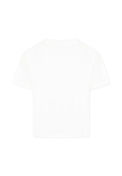 T-shirt en coton blanc à manches courtes, avec un col rond et une coupe décontractée. Pas de logos ni de motifs visibles. Texture lisse.