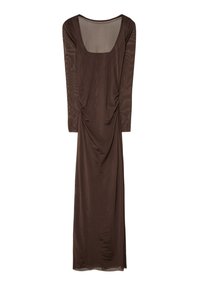 Braunes Longsleeve-Kleid aus einem glatten, fließenden Stoff. Verfügt über einen quadratischen Ausschnitt und Raffungselemente an der Vorderseite.