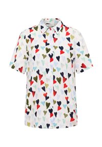 Camicia a maniche corte con bottoni di colore bianco, caratterizzata da un motivo di cuori colorati in rosso, verde, blu navy e azzurro. Tessuto dalla superficie liscia.