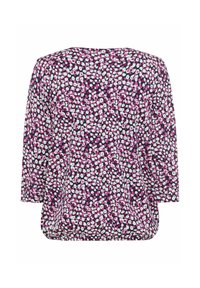 Floral-patterned blouse in dark purple, featuring pink and white spots. Loose fit with three-quarter sleeves and a rounded neckline.