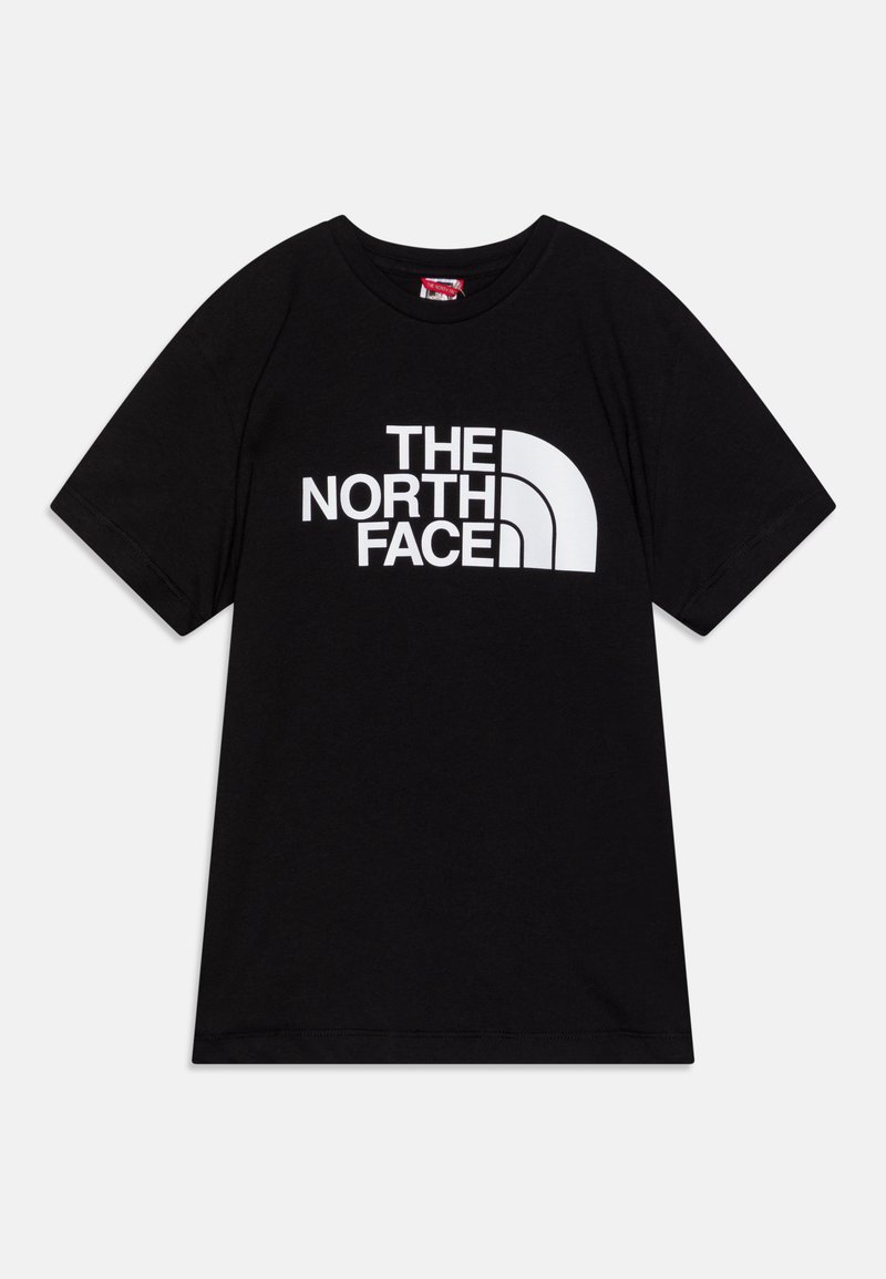 Camiseta de algodón negra con un logo blanco de "The North Face" que presenta un diseño gráfico de medio domo en el pecho. Manga corta y cuello redondo.