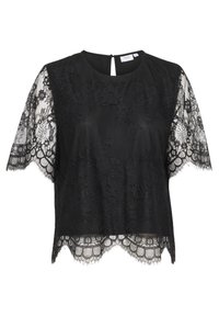 Black short-sleeve top with lace detailing and scalloped edges, featuring a round neckline and a keyhole back opening.