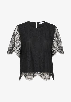 Melnas īsām piedurknēm topiņš ar mežģīņu detaļām un viļņotām malām, ar apaļu kakla izgriezumu un atslēgas cauruma aizmugures atvēršanu.