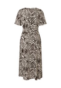 Robe à rayures zèbre en noir et blanc avec des manches courtes, taille cintrée et jupe fluide. Fabriquée en tissu léger.