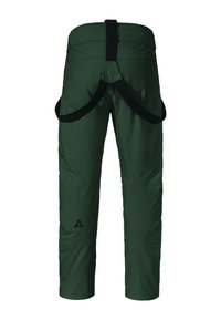 Dunkelgrüne Outdoor-Hosen mit verstellbaren schwarzen Trägern, von hinten gezeigt, entworfen für kaltes Wetter oder Wanderungen.