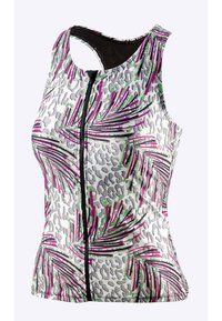 Top sans manches ajusté avec une fermeture éclair à l'avant, motif abstrait coloré en rose, vert et gris, fabriqué dans un matériau léger et lisse.