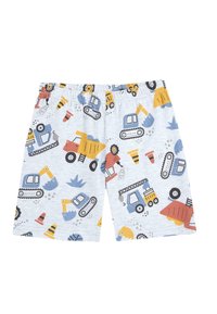 Grijze katoenen shorts met een kleurrijk patroon van bouwvoertuigen, waaronder graafmachines, vrachtwagens en verkeerskegels. Ontwerp met elastische tailleband.
