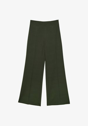 Wide-leg trousers made of dark green fabric, featuring a flat front, vertical seam details, and a zip closure at the back.