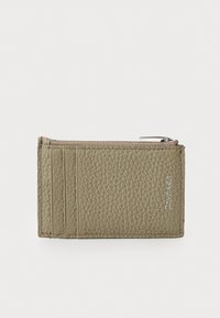 Olive green textured leather wallet with a zip closure, three card slots, and a silver logo detail. Smooth, durable finish.