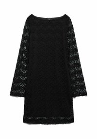 Crna čipkasta haljina s dugim, prozirnim rukavima, ukrašena cvjetnim uzorcima, okruglim izrezom i blago opuštenim krojem, s rubom ukrašenim valovitim rubovima.