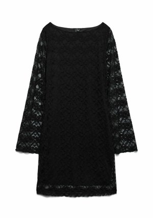 Robe noire en dentelle avec manches longues et transparentes, présentant des motifs floraux, un col rond, une coupe légèrement ample, avec un détail ourlé festonné.