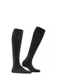 Dunkelgraue Kniestrümpfe aus einem weichen, strukturierten Stoff. Mit gerippten Öffnungen am oberen Ende und einem glatten Fußbereich.