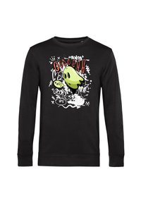 Felpa nera a maniche lunghe con grafica di un fantasma verde, con testo colorato ed effetti di spruzzo in bianco e rosso sul davanti.