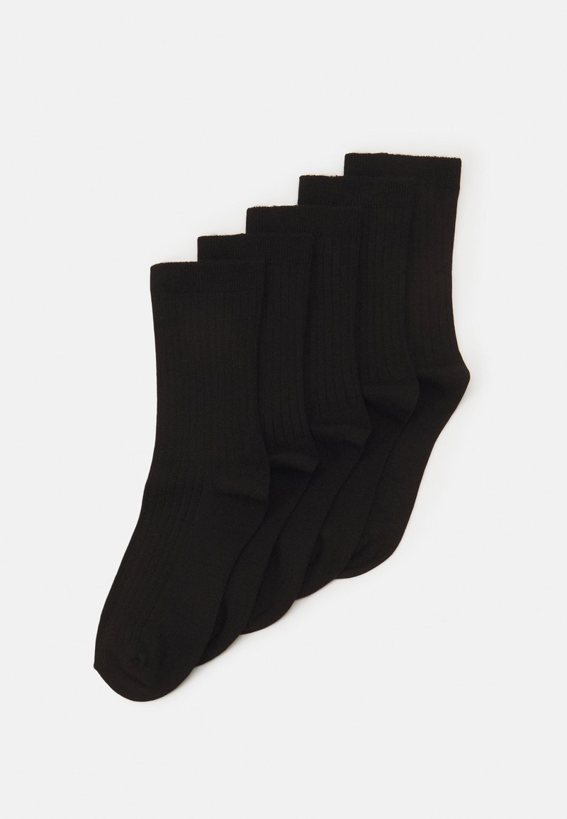Five pairs of black cotton socks, featuring a ribbed texture and mid-calf length, neatly arranged side by side on a white background.