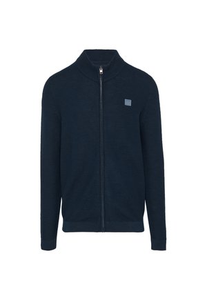 Marineblauer Reißverschluss-Pullover mit hohem Kragen, aus strukturiertem Strickstoff gefertigt. Verfügt über ein kleines Logopatch auf der linken Brust und gerippte Bündchen.