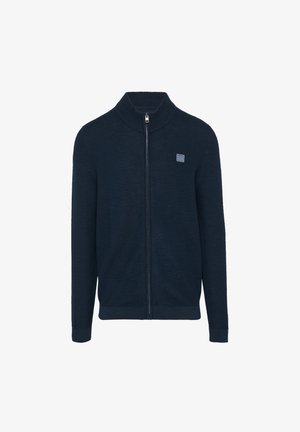 Marineblauer Reißverschluss-Pullover mit hohem Kragen, aus strukturiertem Strickstoff gefertigt. Verfügt über ein kleines Logopatch auf der linken Brust und gerippte Bündchen.