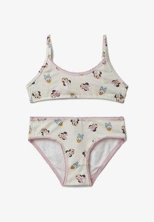 Dziewczęcy dwuczęściowy zestaw bielizny wykonany z miękkiej bawełny, z kremowym tłem ozdobionym pastelowymi wzorami postaci Disneya i różowym falbanym wykończeniem.