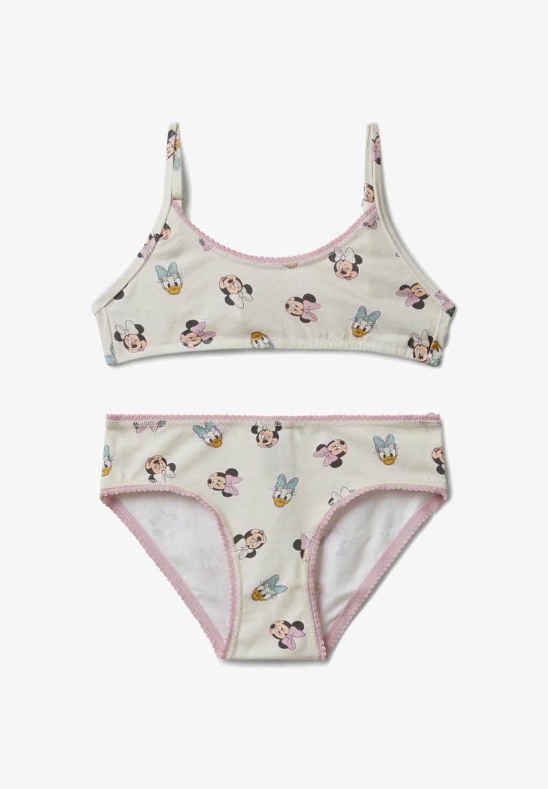 Dívčí dvoudílná souprava spodního prádla z měkké bavlny, s krémovým podkladem a pastelovými vzory postaviček od Disney, ozdobená růžovým lemováním.