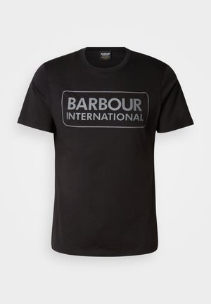 Tricou din bumbac negru, cu un mare logo gri "BARBOUR INTERNATIONAL" pe față. Guler clasic rotund și mâneci scurte.