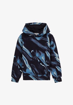 Juodas džemperis su mėlynos ir baltos marmurinės tekstūros raštu. Pagamintas iš minkštos medžiagos, turi didelį reguliuojamą kapšelį ir ilgomis rankovėmis.