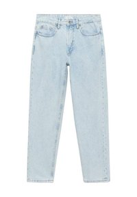 Jeans in denim azzurro chiaro con vita alta, taglio dritto, cinque tasche e chiusura con bottone. Leggermente sbiaditi con una texture liscia.