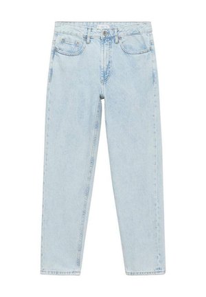 Jeans in denim azzurro chiaro con vita alta, taglio dritto, cinque tasche e chiusura con bottone. Leggermente sbiaditi con una texture liscia.