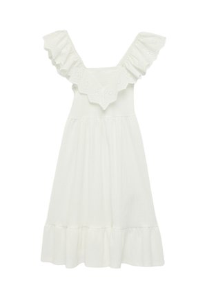 Vestido blanco hasta la rodilla con mangas amplias de volante calado, escote cuadrado y dobladillo fruncido.