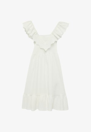 Robe blanche jusqu'aux genoux avec de larges manches à volants en œillet, un décolleté carré et un ourlet froncé.