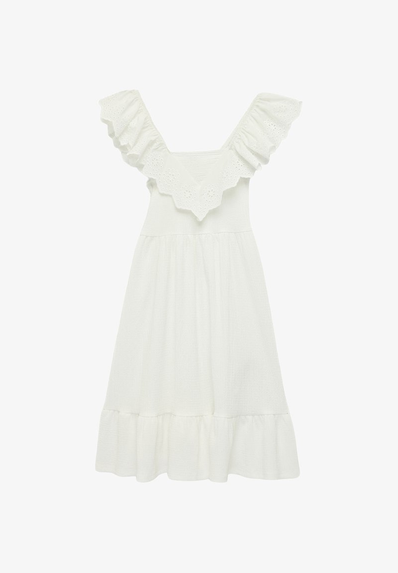 Robe blanche jusqu'aux genoux avec de larges manches à volants en œillet, un décolleté carré et un ourlet froncé.