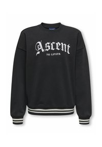 Sudadera negra con puños y dobladillo acanalados, que presenta un estampado gráfico en blanco que dice "Ascent NO LIMITS" en una fuente decorativa.