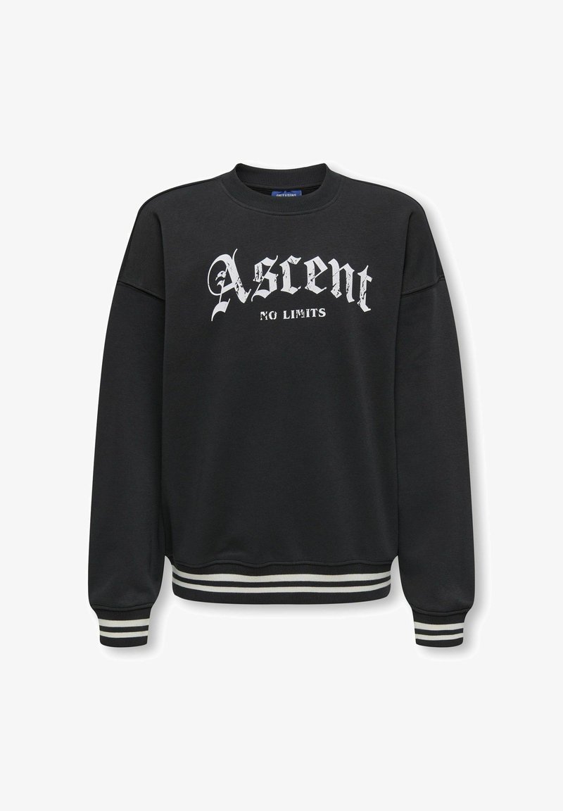 Čierna mikina so zúženými manžetami a lemom, s bielou grafickou potlačou, ktorá hovorí "Ascent NO LIMITS" v dekoratívnom písme.