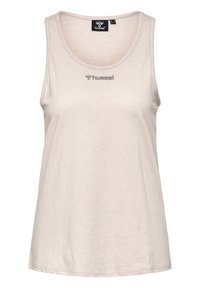 Beiges ärmelloses sportliches Tanktop mit rundem Ausschnitt und kleinem grauem "hummel"-Logo in der Mitte der Brust.