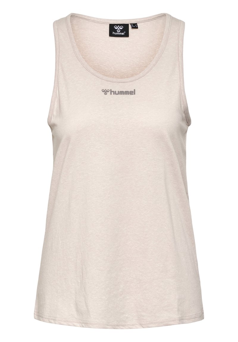 Beiges ärmelloses sportliches Tanktop mit rundem Ausschnitt und kleinem grauem "hummel"-Logo in der Mitte der Brust.