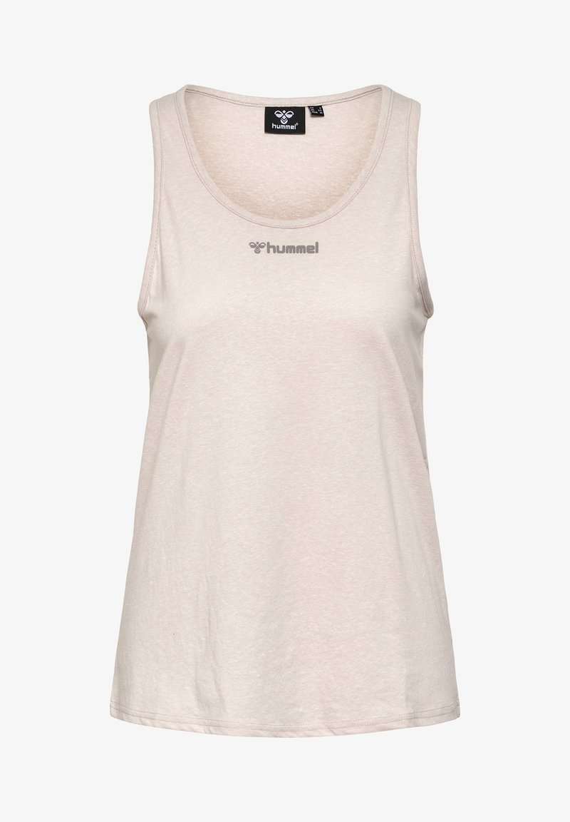 Beiges ärmelloses sportliches Tanktop mit rundem Ausschnitt und kleinem grauem "hummel"-Logo in der Mitte der Brust.