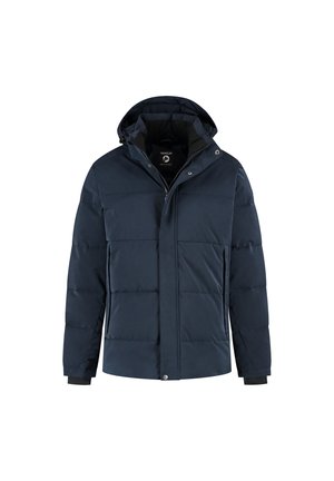 Marineblauwe gewatteerde winterjas met capuchon, voorrits, drukknoopjes en zijzakken, ontworpen voor warmte en buitensport.