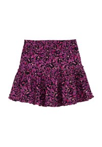 Utsvängd kjol med svart bakgrund och rosa blommönster. Har en volangkant och smockad midja för en figursydd look.