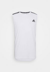 Top atletico bianco senza maniche realizzato in tessuto liscio. Presenta strisce nere lungo le spalle e un logo adidas sul petto sinistro.