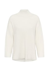 Pull en tricot blanc côtelé avec un col rond haut et des manches longues, offrant une coupe ample et légèrement surdimensionnée.