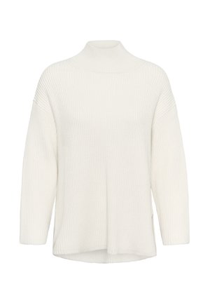 Weißer gerippter Strickpullover mit hohem, rundem Kragen und langen Ärmeln, der eine lockere, leicht übergroße Passform bietet.